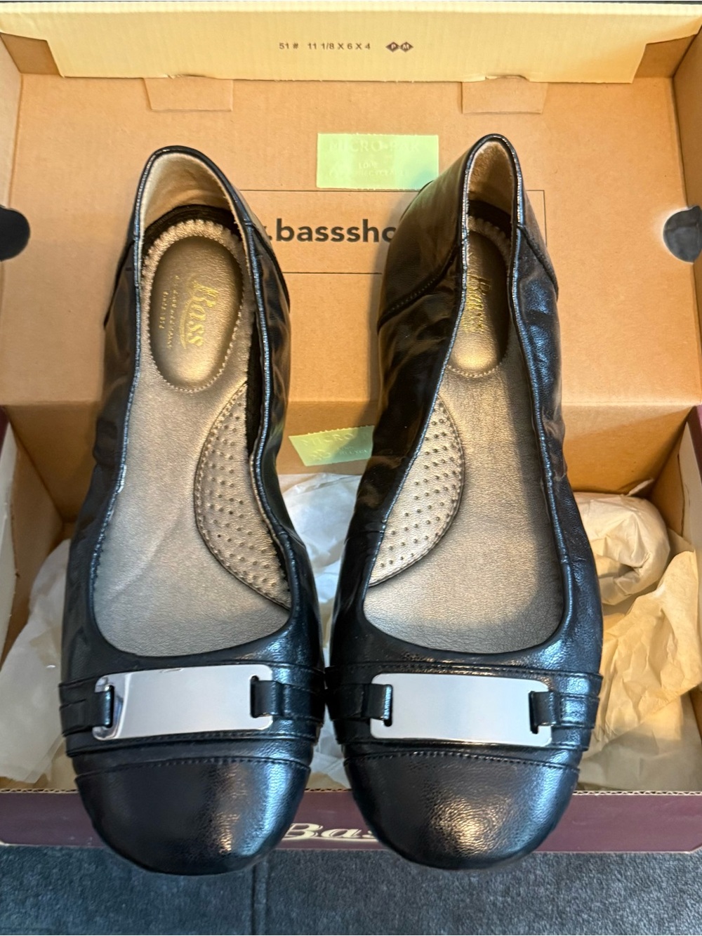 Bass Black Leather Ballet Flats with Silver-Tone Toe Plate